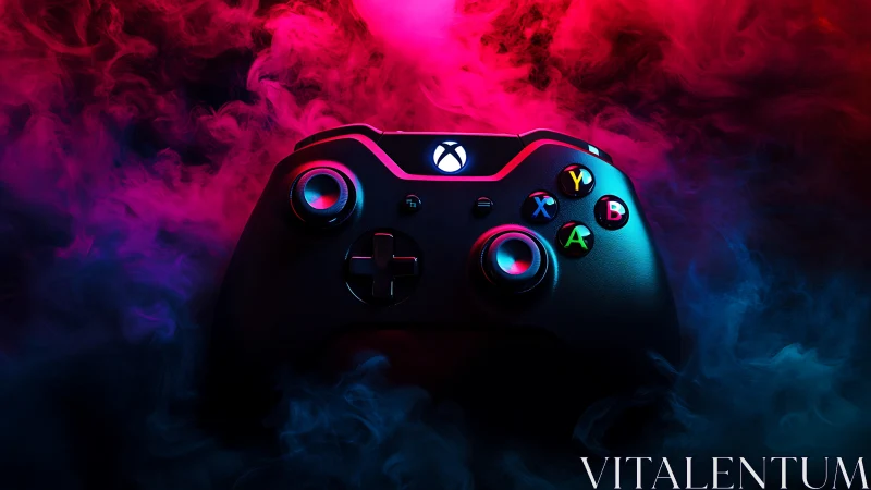 Xbox controller glows amid neon red blue gaming smoke