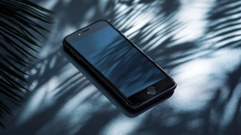 Black smartphone on textured surface with shadow patterns