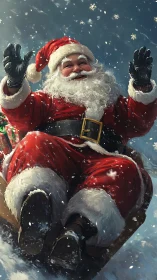 Santa Claus laughs joyfully while sledding through snowflakes.