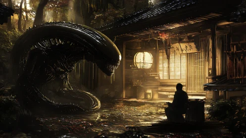 Quiet lantern light meets alien visitor in forest courtyard.