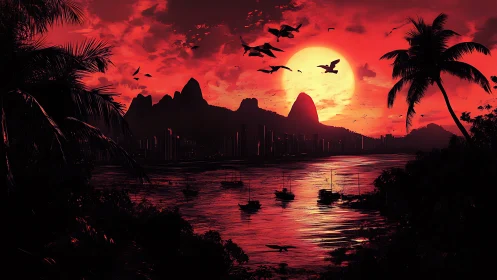 Red tropical bay skyline with mountains and sunset sun.