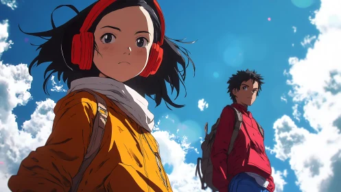 Two anime teens stand under expansive sky in low-angle view
