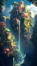 Vertical cliff settlement integrates waterfalls and dense foliage