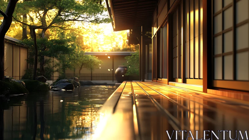 Golden light along a tranquil Japanese garden veranda.