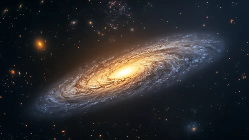 Golden spiral galaxy glowing softly in a peaceful night sky.