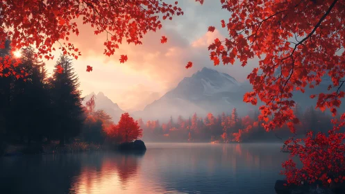 Autumn mountain lake under crimson maple canopy at dawn.