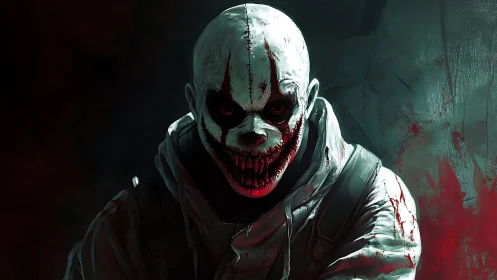 Sinister clown-faced figure in dark, bloodstained setting.