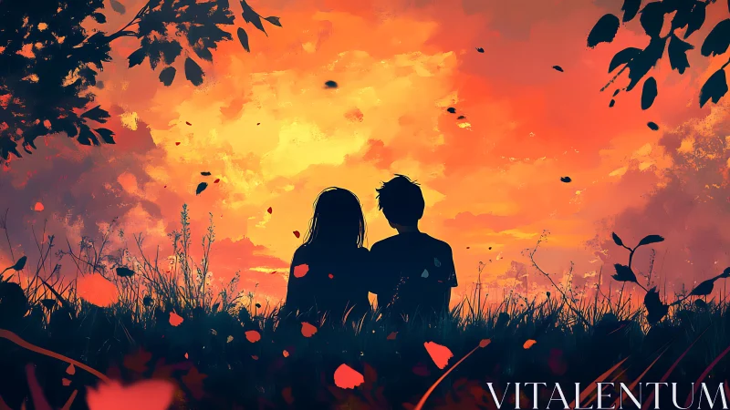 Two figures silhouetted against autumn sunset sky.