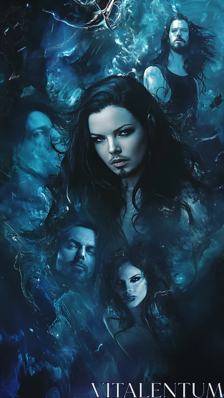 Enigmatic blue portraits merge within swirling cosmic depths.