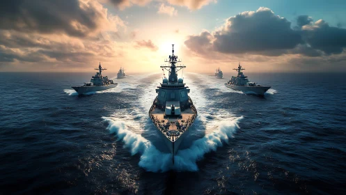 Steel armada carves bright V-shaped wakes into molten sunset seas