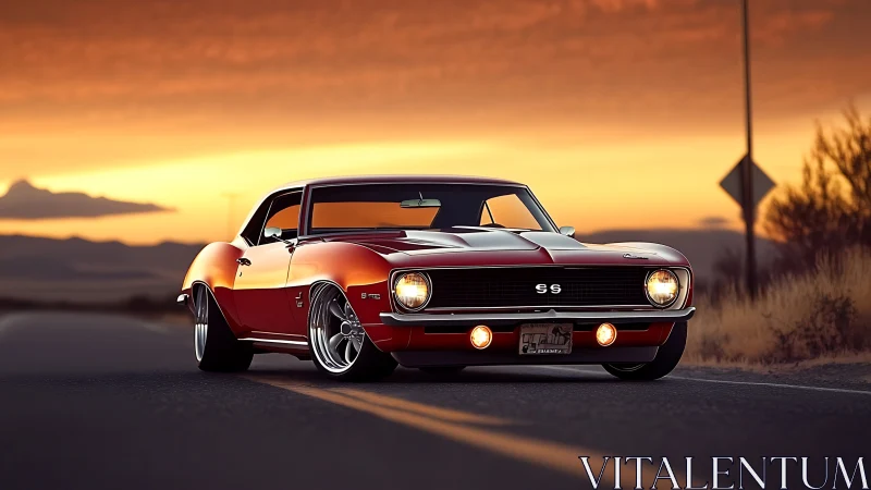 Muscle car silhouette on desert highway at cinematic sunset.