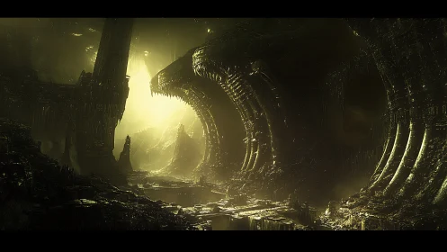 Sunken titan&rsquo;s maw cathedral in toxic golden gloom.