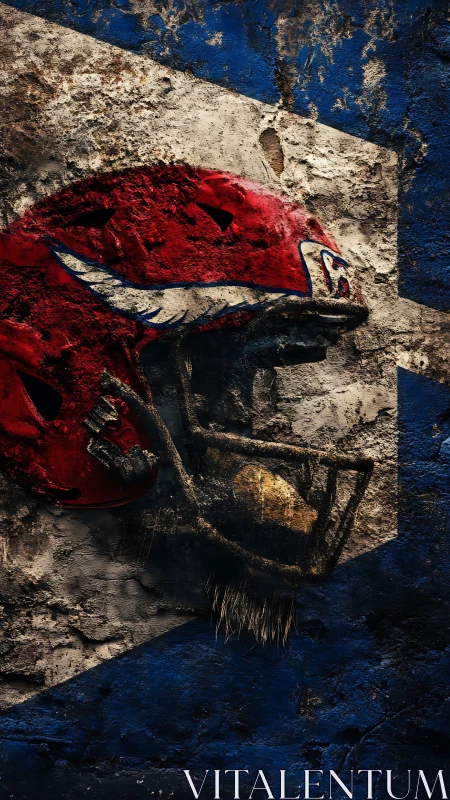 Weathered red football helmet on gritty blue mural wall.