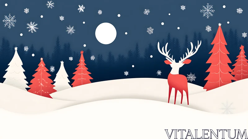 Minimal winter landscape with stylized deer and fir trees.