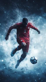 Dynamic soccer player in red kit exploding through mist.