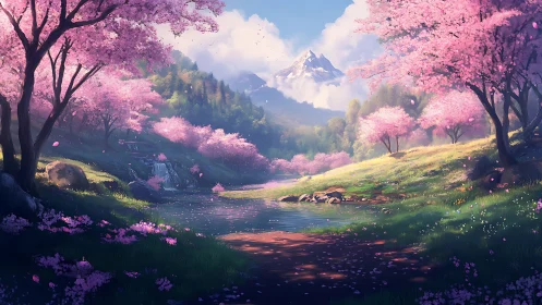 Spring valley river under cherry blossoms with alpine peak