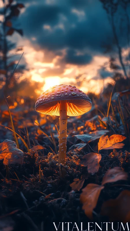 Glowing fly agaric rises from forest floor at sunset