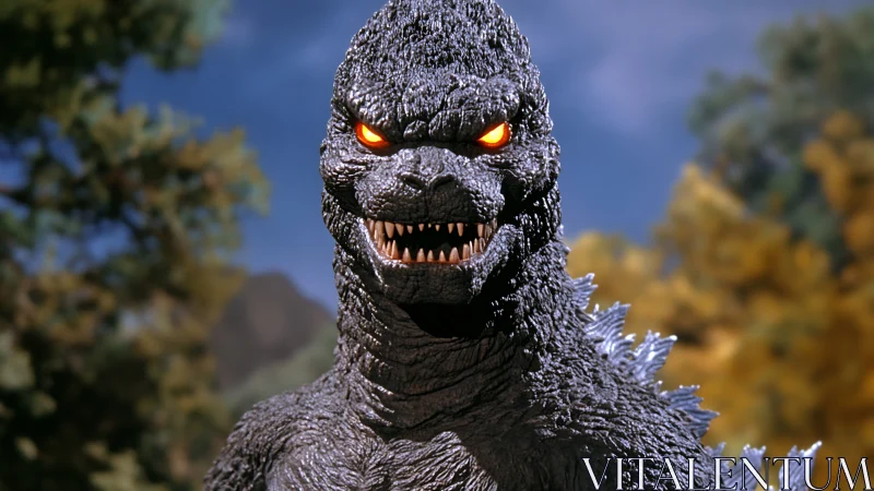 Smoldering-eyed kaiju grins sharply beneath soft forest skies