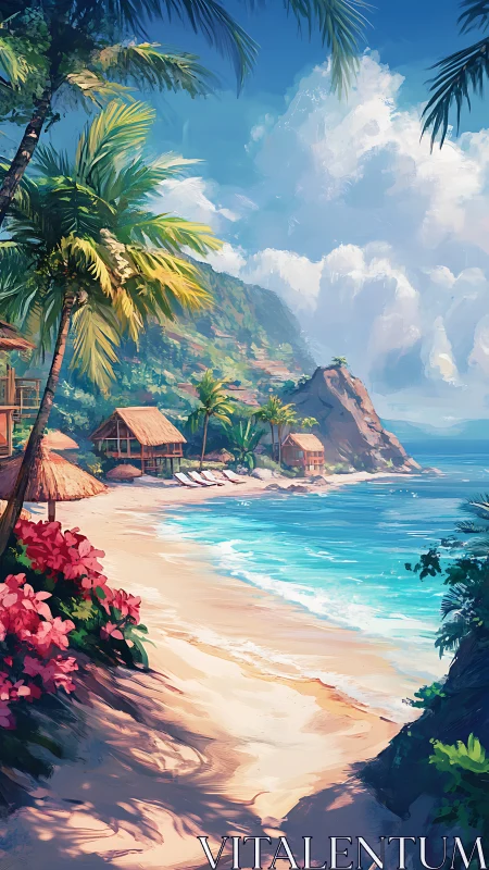 Tropical beach landscape with architectural structures on coastal terrain.