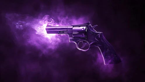 Violet revolver exhales neon smoke across a midnight void
