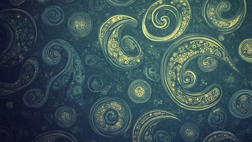 Golden fractal spirals curve across deep teal abstract field