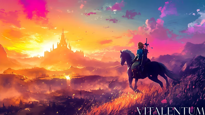 Sunlit rider pauses as a flaming horizon crowns distant spires