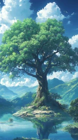 Solitary tree over calm reflective lake in mountains.