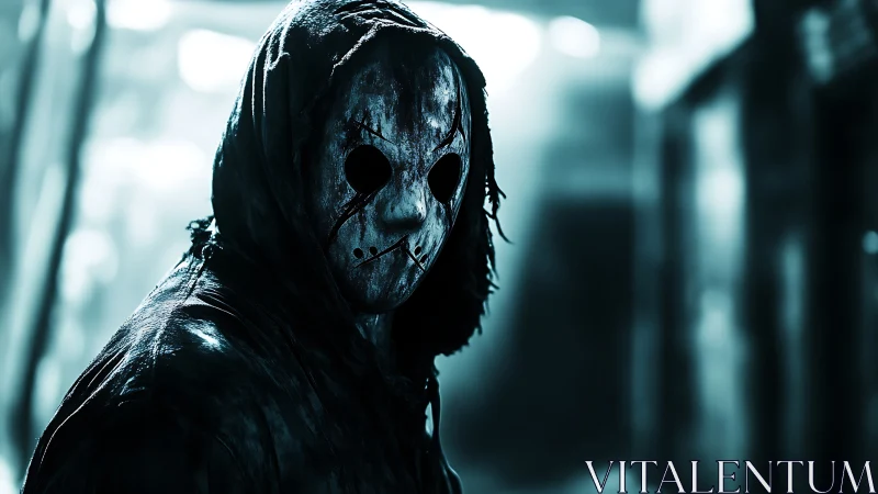 Hooded masked figure in cyan-tinted corridor lighting studies