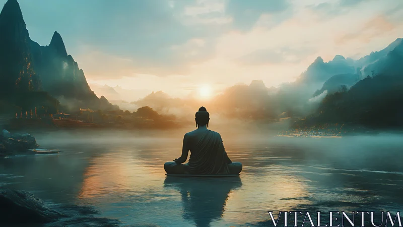Solitary Buddha meditates on tranquil misty mountain lake