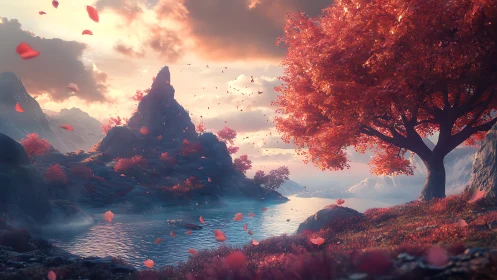 Mountain lake landscape depicts red foliage and drifting petals