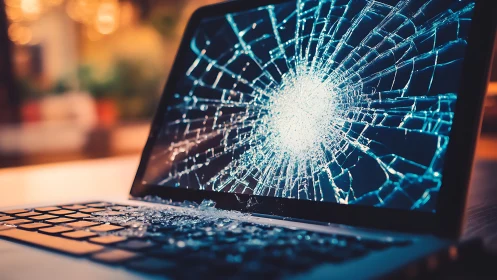 Shattered laptop screen explodes into a web of bright fractures