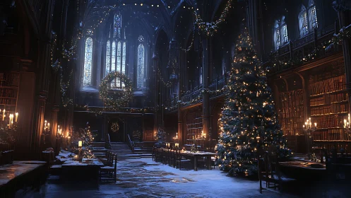 Winterlit cathedral library wrapped in enchanted Christmas glow.