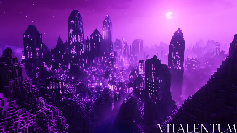 Voxel cyber city under neon violet alien twilight.