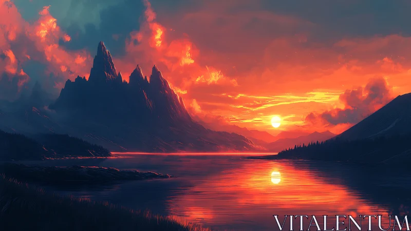 Crimson sunset ignites jagged mountains over mirrored lake.