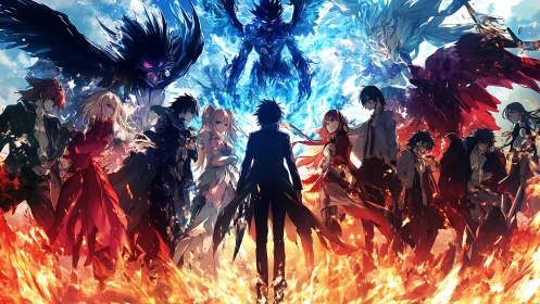 Lineup of fantasy characters amid fire and ice entities.