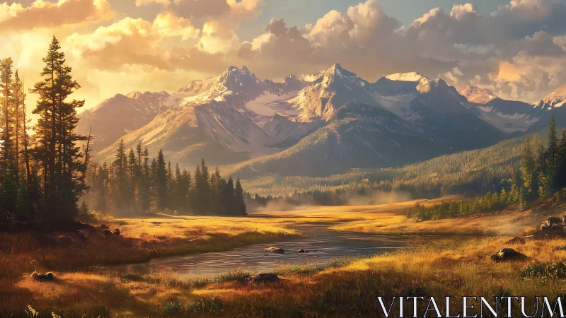 Golden alpine valley under sunset light with detailed mountains