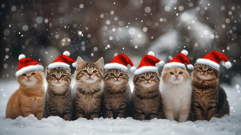 Seven cats wearing red and white Santa hats arranged in snowy setting.