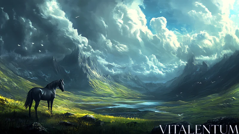 Solitary black horse surveys luminous stormlit valley