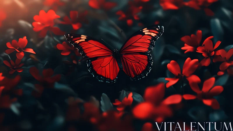 Red butterfly hovers over dark garden of glowing blossoms