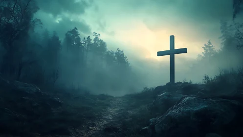 Dawn mist gathers around a lone forest cross on the hilltop.