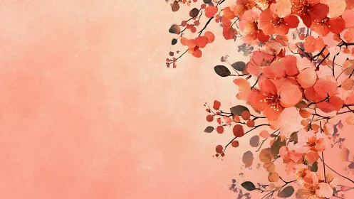 Coral Flowering Branches Against Soft Peachy Background
