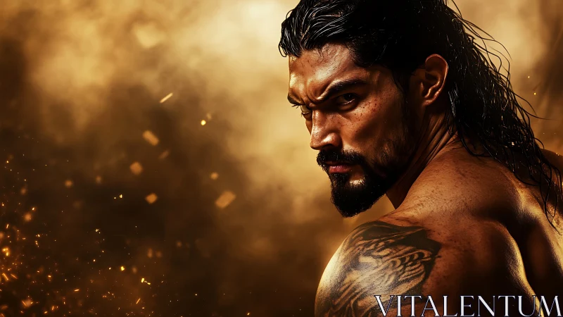 Tattooed warrior in cinematic golden ember storm portrait.