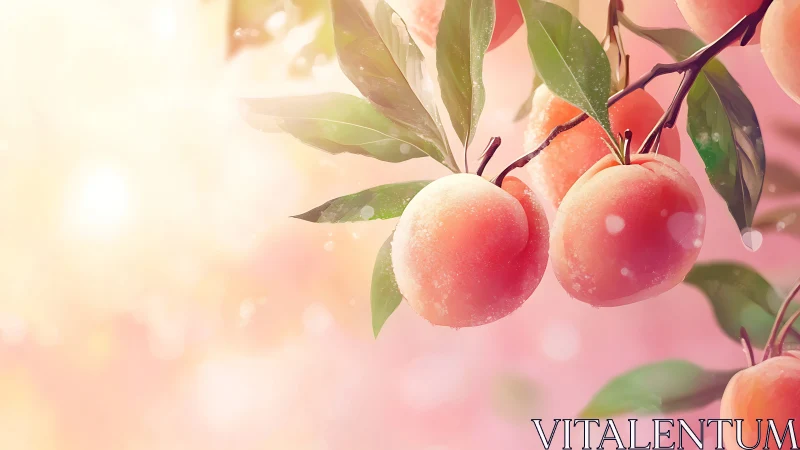 Sunlit peach branch with dewy fruit in soft pastel glow.