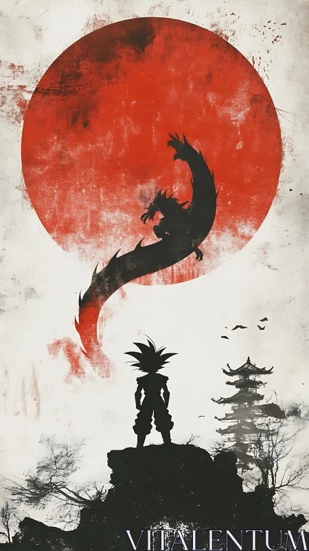 Scarlet moon curls into a dragon above lone warrior