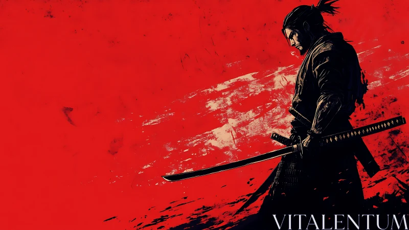 Lone samurai stalks crimson silence with storm-bright steel.