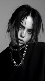 Monochrome portrait with chain jewelry and diffuse lighting.