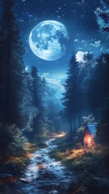 Moonlit forest trail with glowing cabin under vast night sky.