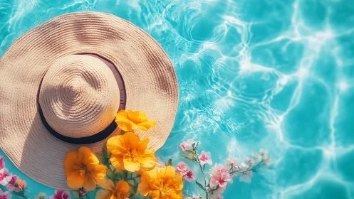 Straw sun hat and flowers float beside sunlit turquoise pool