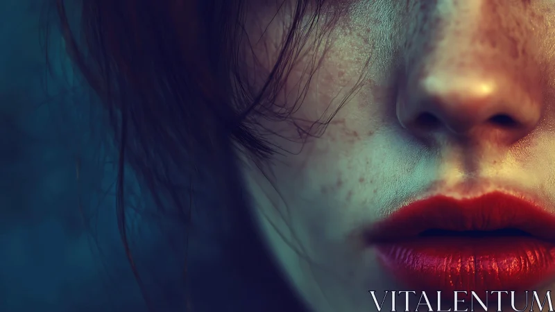 Whisper-close portrait of freckled skin and ember red lips.