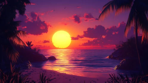 Neon tropical sunset over calm ocean with palm silhouettes.